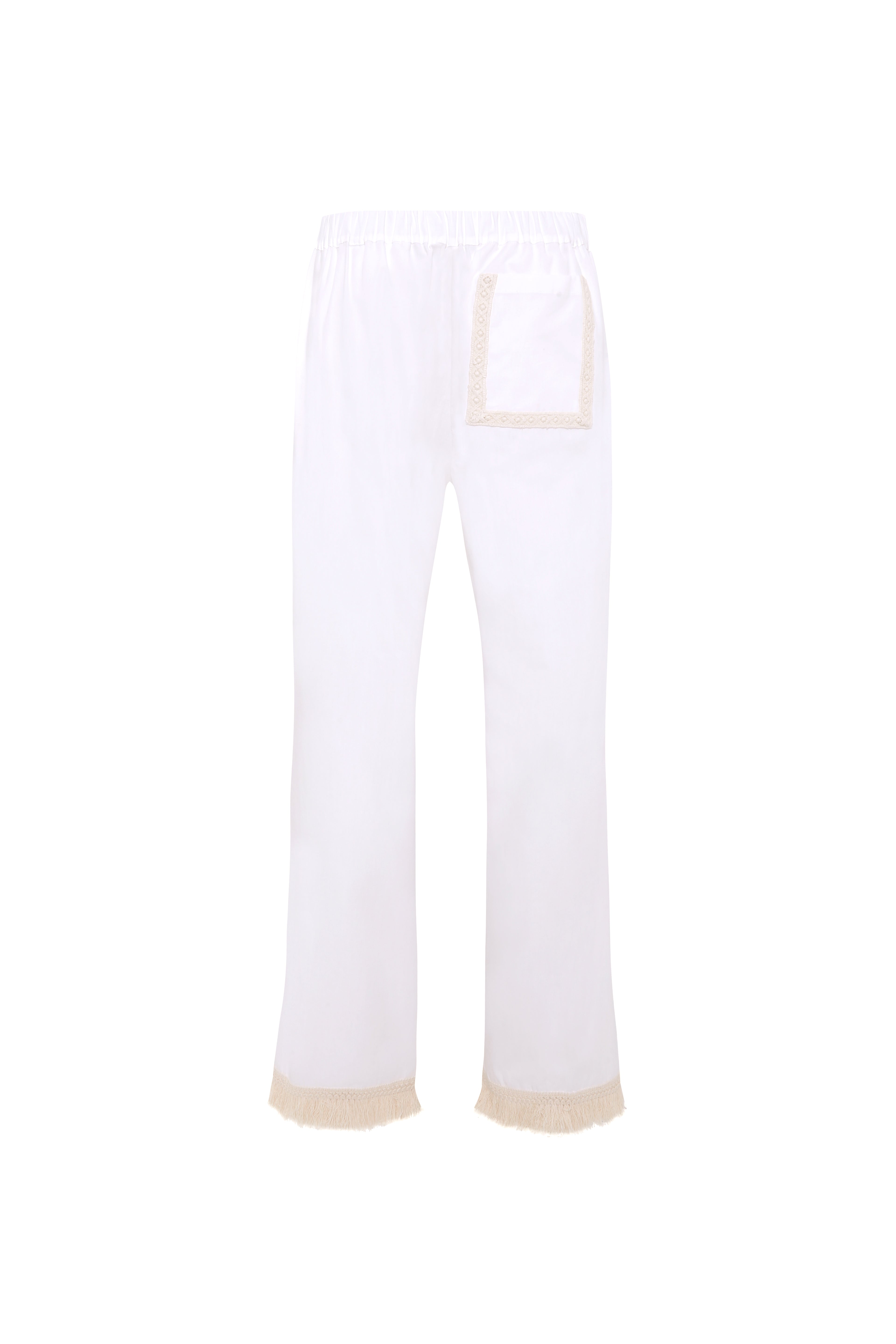 SAVINA - Lace trimmed drawstring cotton pants with fringed hems