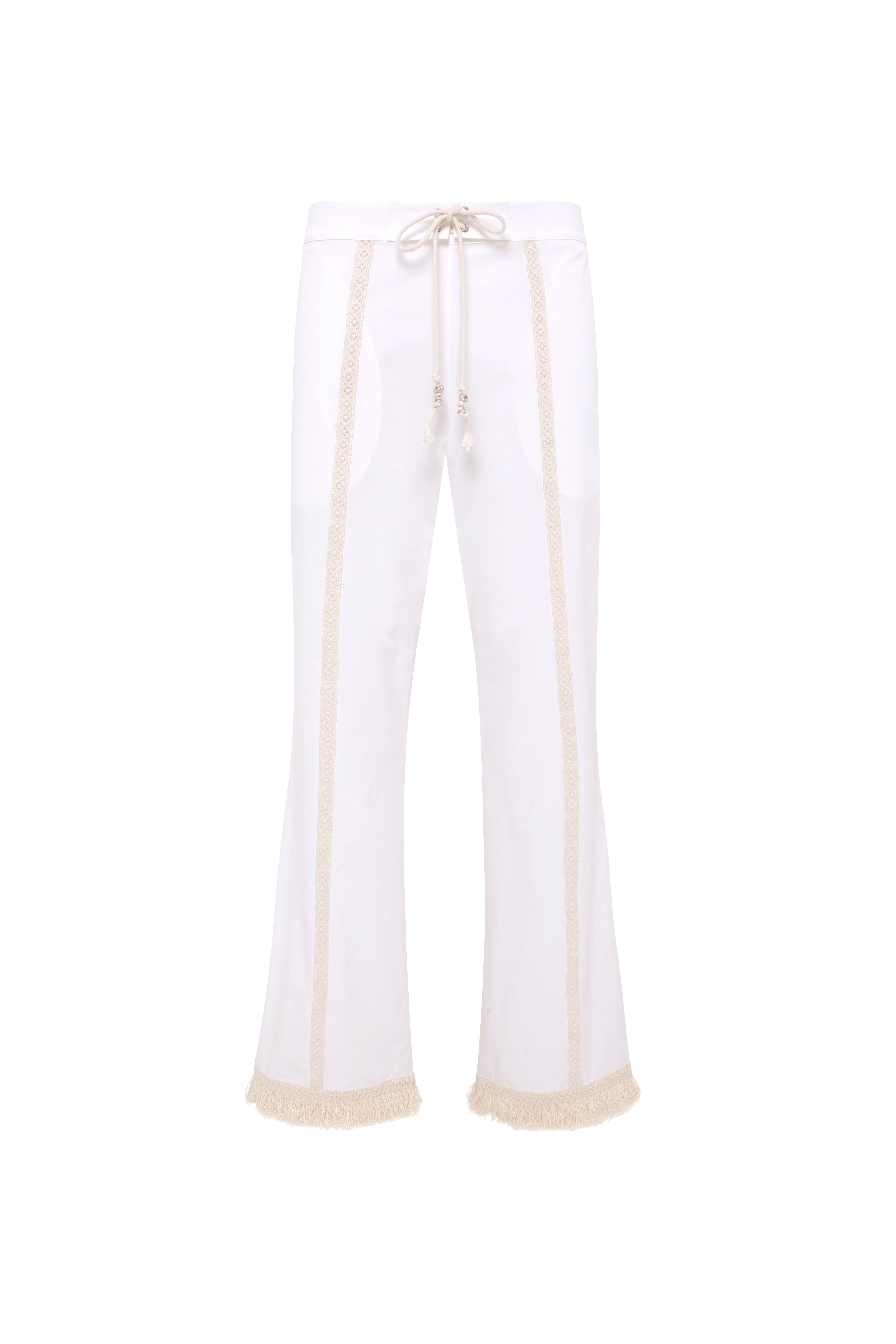 SAVINA - Lace trimmed drawstring cotton pants with fringed hems