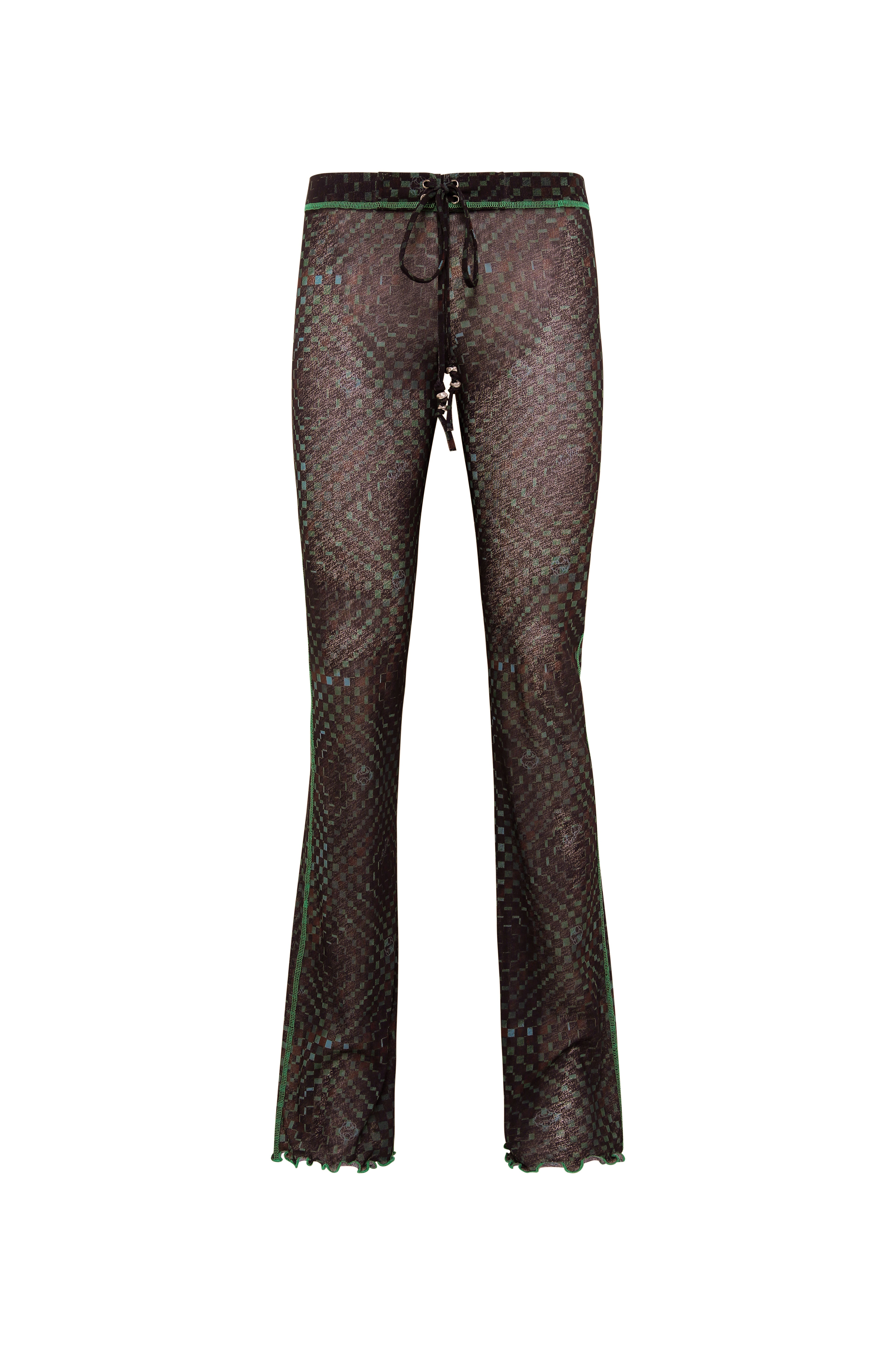 FLO - Semi sheer checkerboard print  full length pants with drawcord