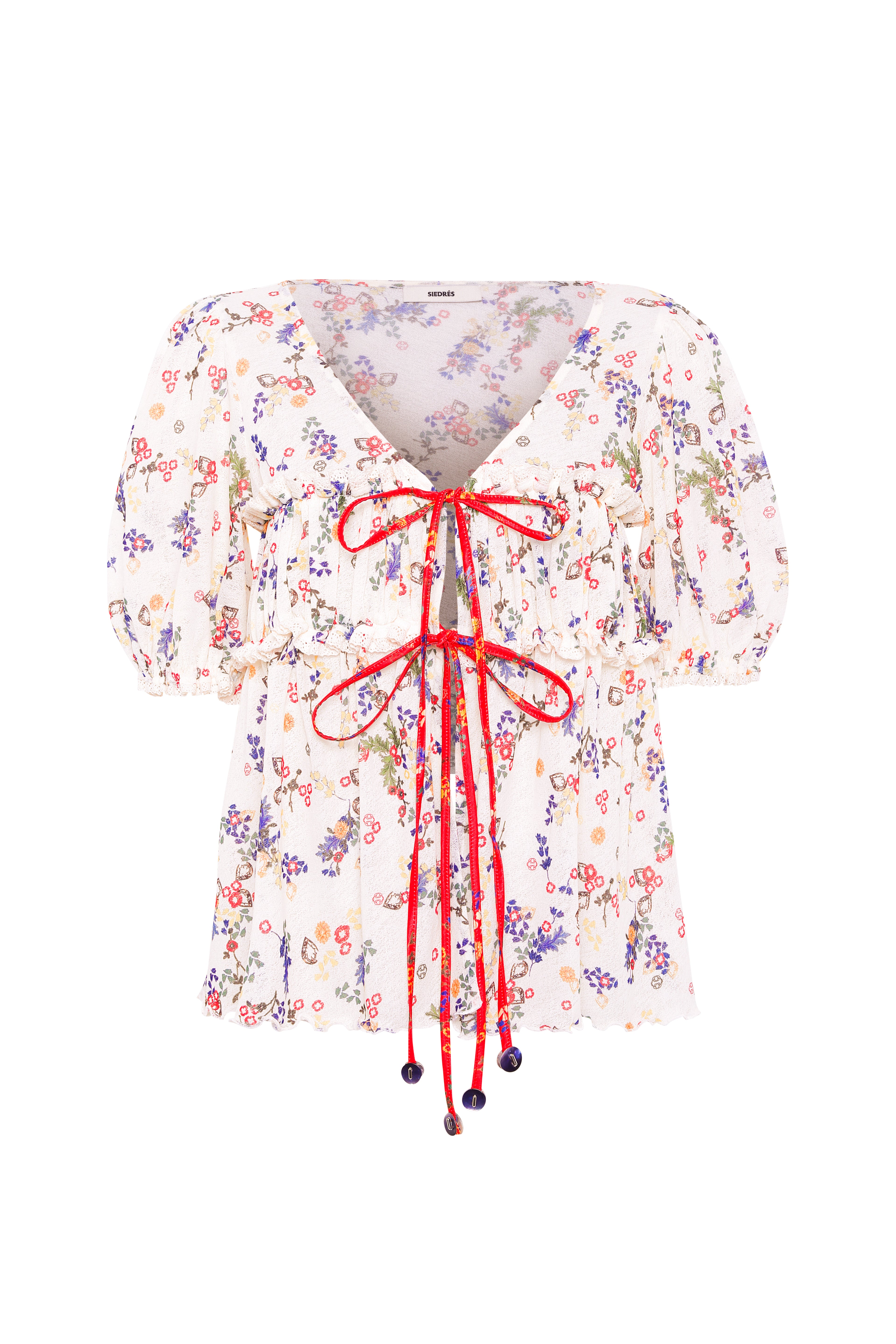 EMMA - Floral print v-neck mesh top with cntrast bust tie detail