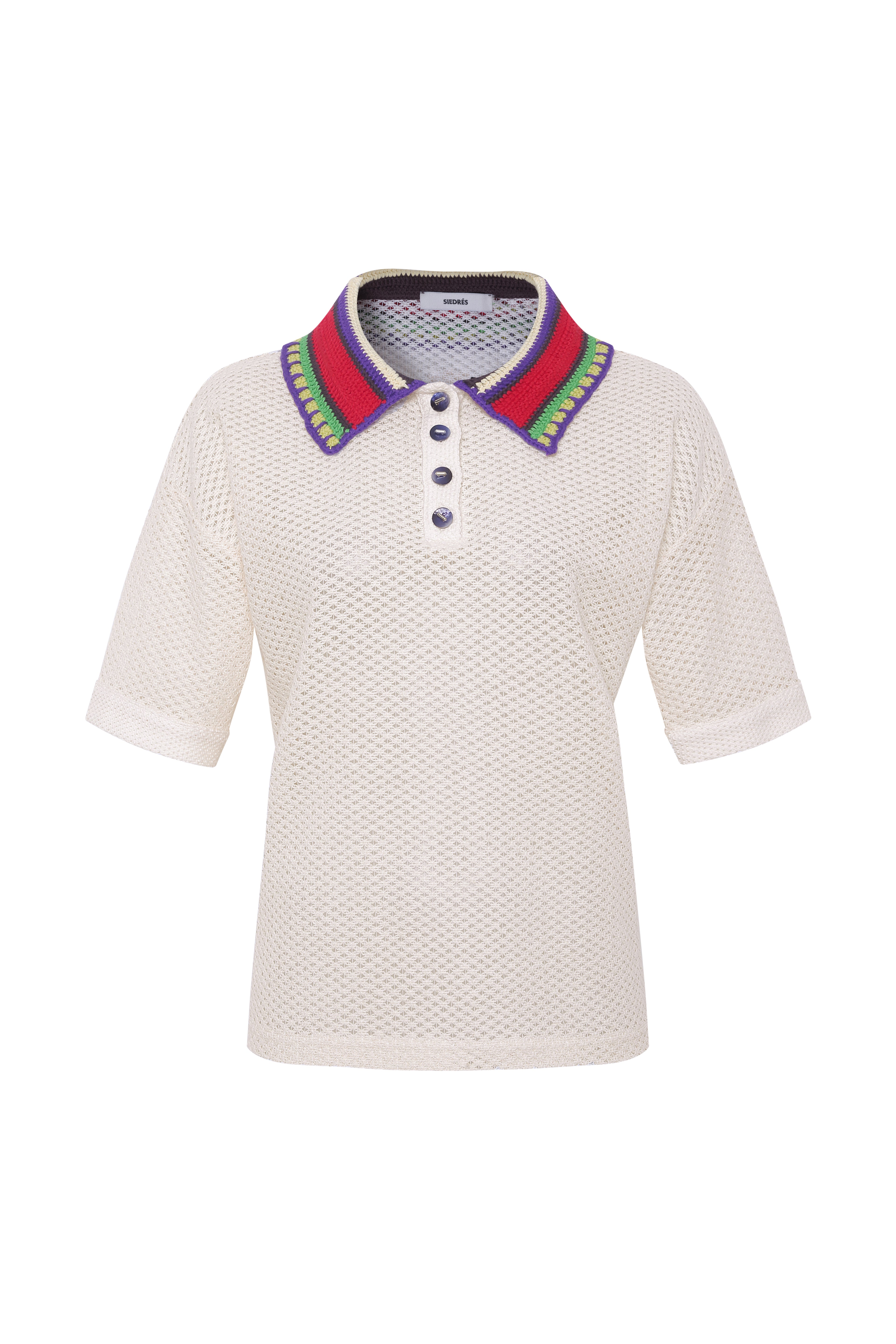 LEO - Boxy fit short-sleeve polo in textured knit and contrast crochet collar