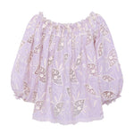LUNE - Ruffled puff sleeve top with ivory floral embroidery