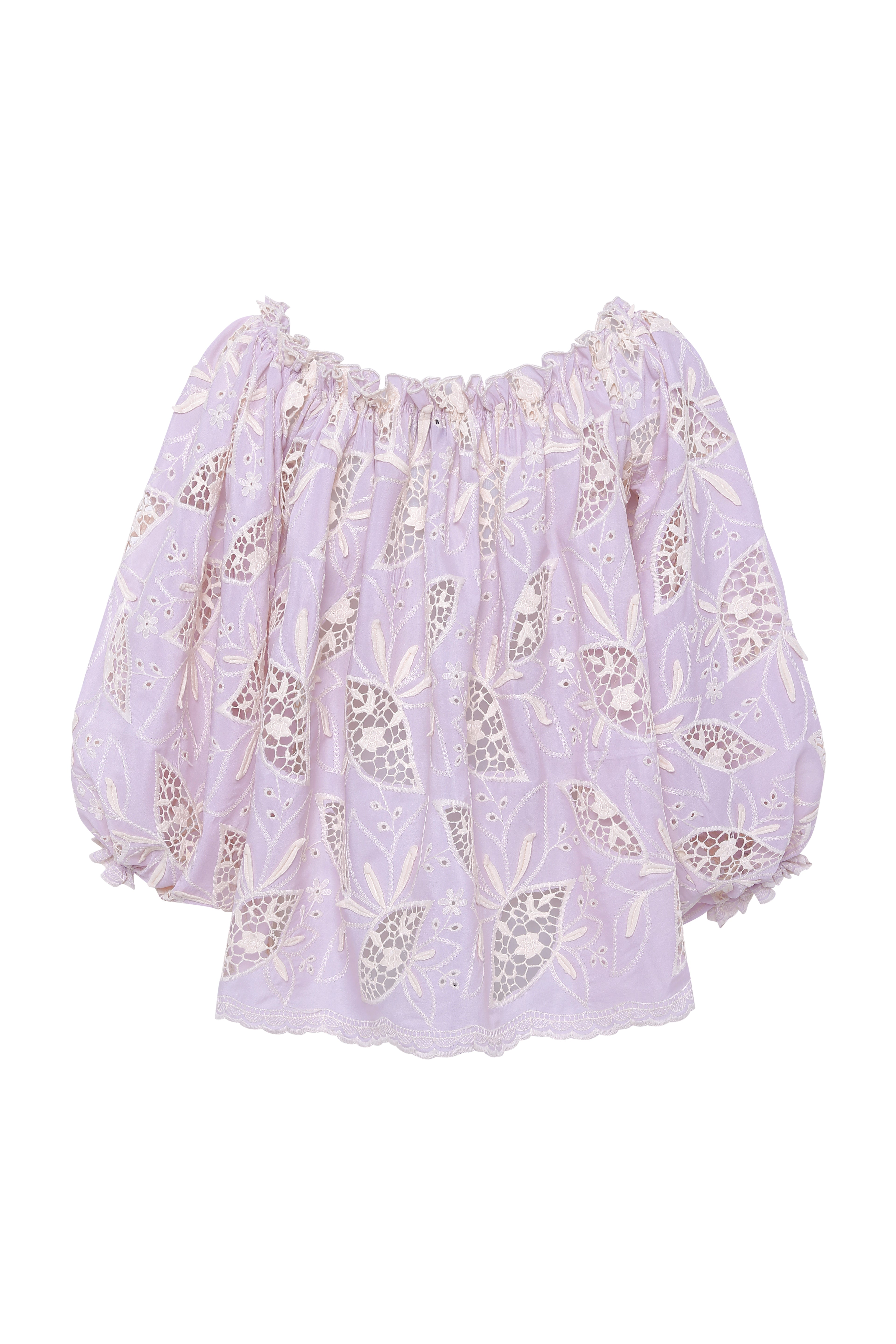 LUNE - Ruffled puff sleeve top with ivory floral embroidery