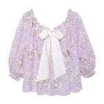 LUNE - Ruffled puff sleeve top with ivory floral embroidery