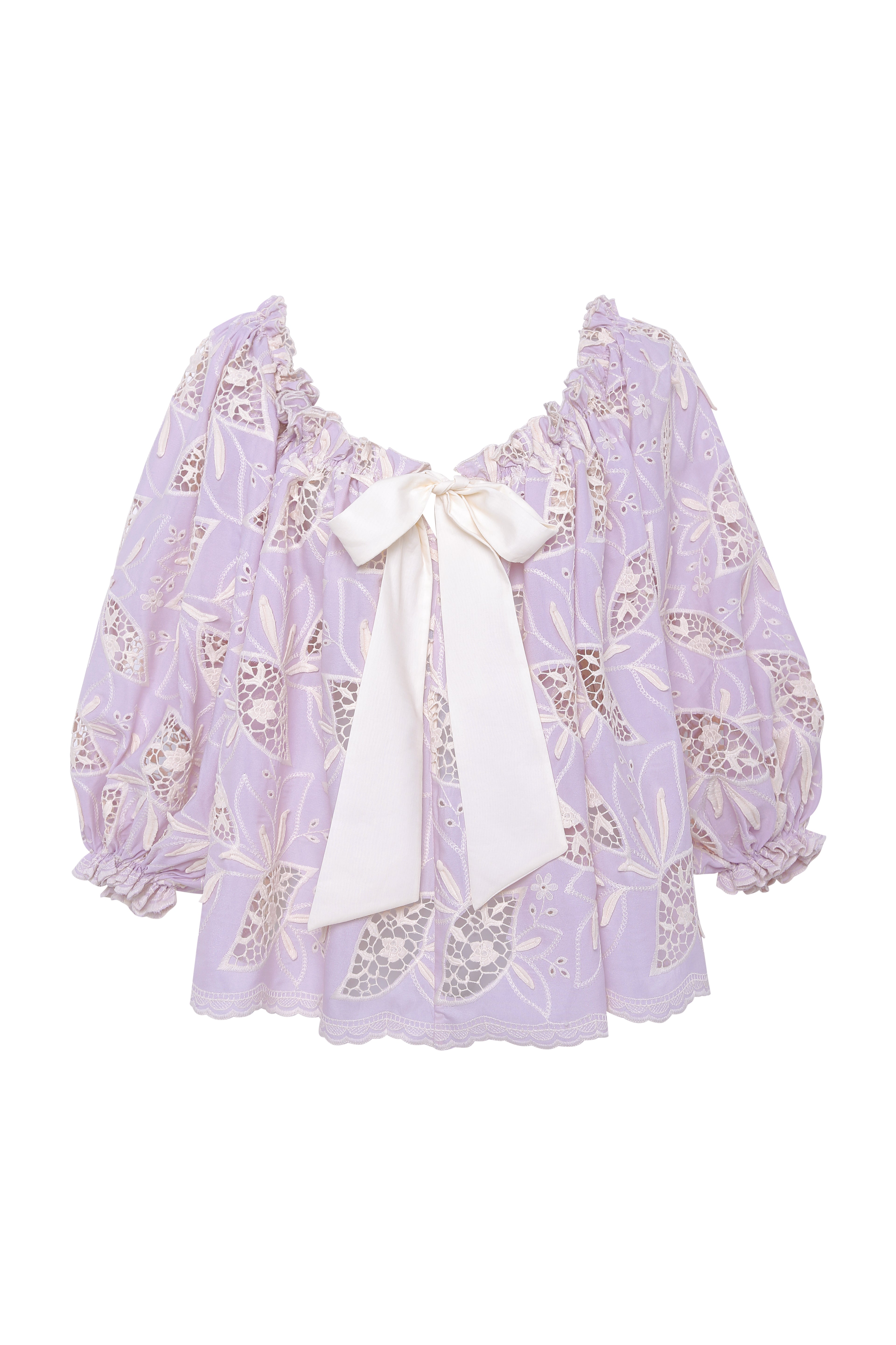 LUNE - Ruffled puff sleeve top with ivory floral embroidery