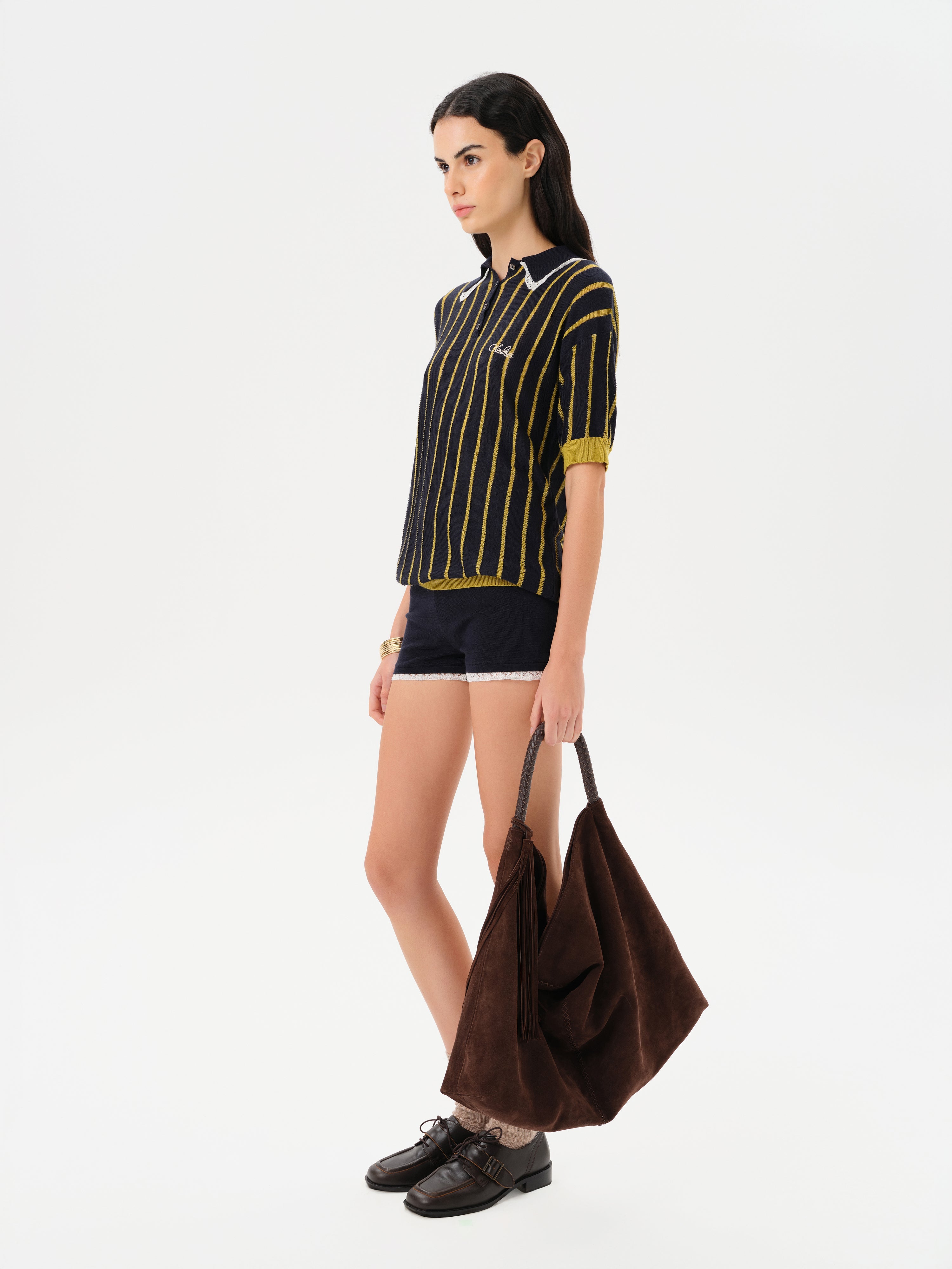 YUAN - Striped knit polo top