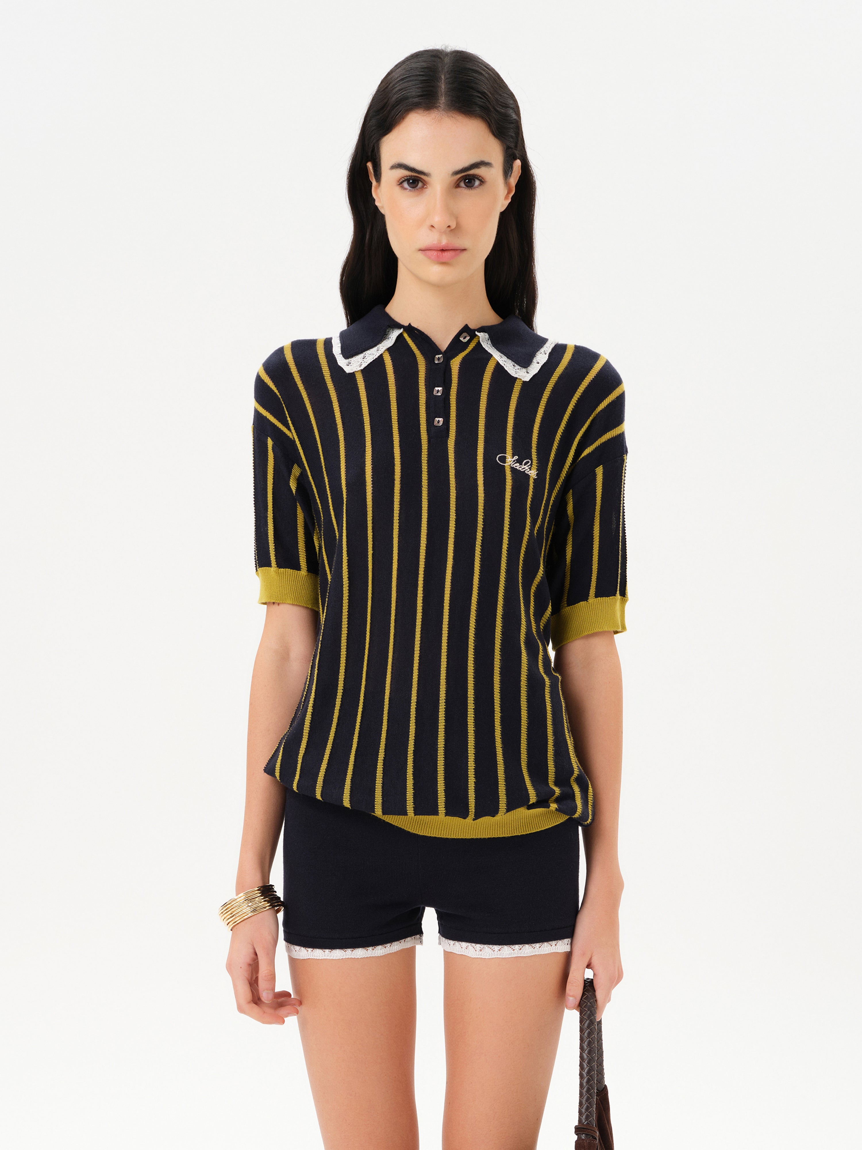 YUAN - Striped knit polo top
