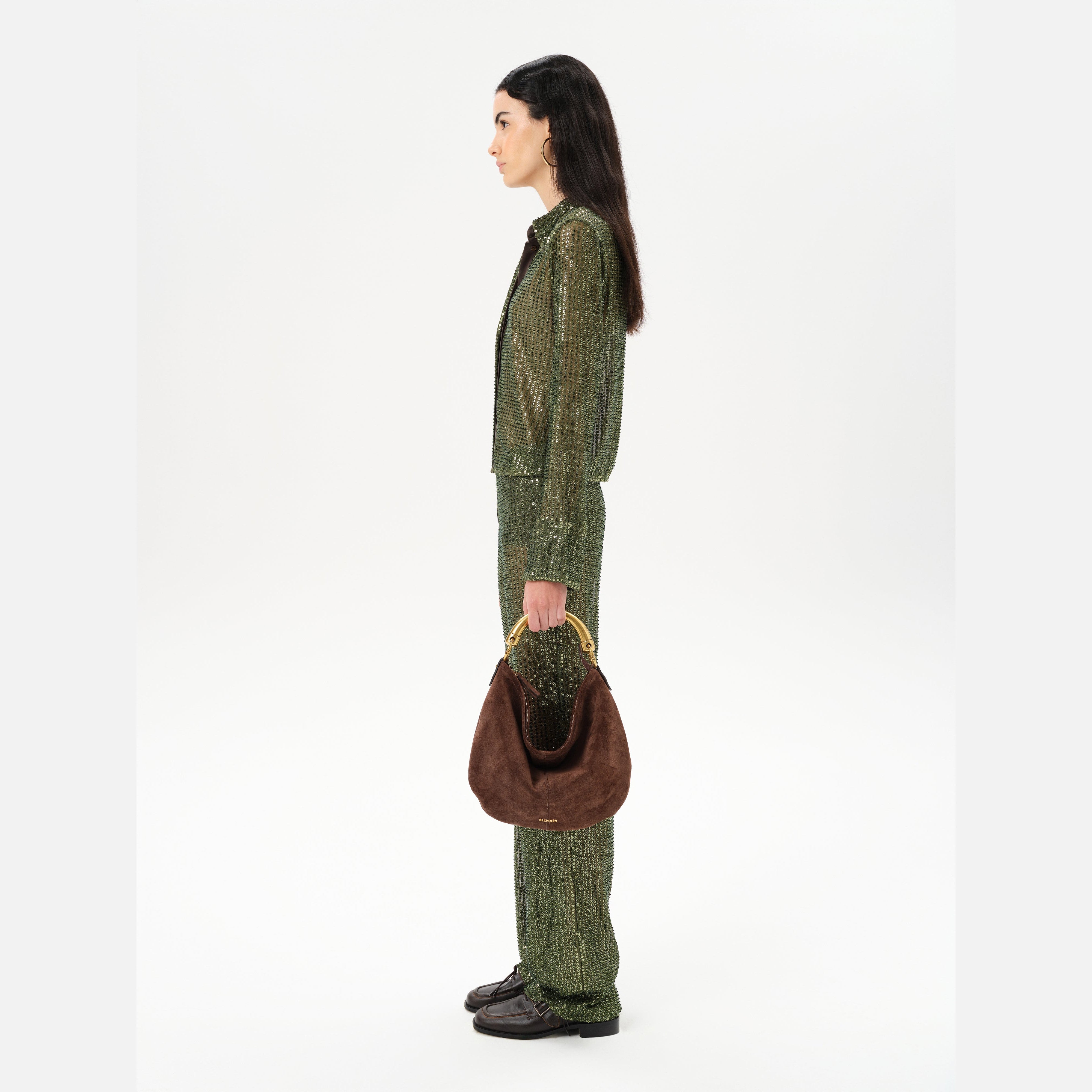 CHÉRIE MEDIUM - Medium suede hobo bag with metal top handle